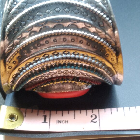 Silver tone Cuff Bracelet Enamel & Coral Color dyed Stone - Picture 3 of 3